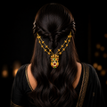 A woman viewed from the back wearing a long, dark, styled hairstyle with a gold hair accessory featuring a colorful floral pendant, set against a dark background.
