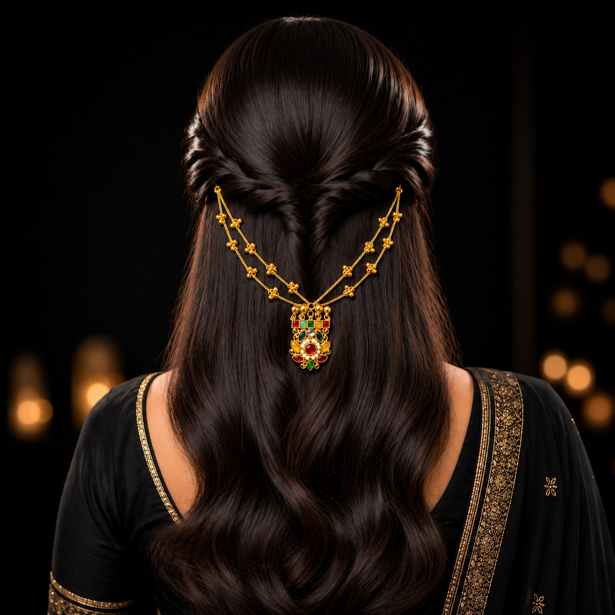 A woman viewed from behind wearing a long, dark brown wavy hairstyle with a gold chain hair accessory and a colorful pendant, paired with a black embroidered garment against a dark background with soft warm lights.