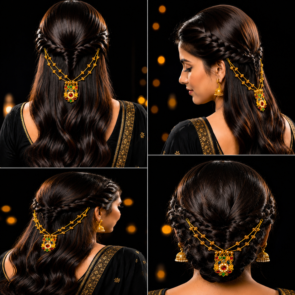 A four-panel collage showing a woman from the back and side wearing a decorative gold hair chain with a red and green floral ornament, styled over long dark brown hair against a black background with warm bokeh lights.