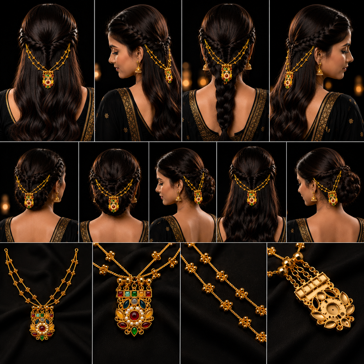 A collage of multiple views showing a woman wearing ornate gold hair jewelry and matching necklace, with close-up detail shots of the jewelry on a black background.