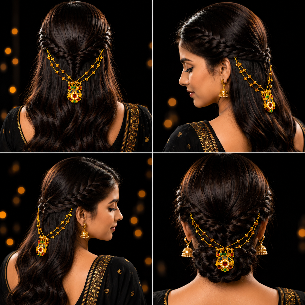 A four-panel collage showing a woman wearing a decorative gold hair accessory with floral red and green jewel details, styled in braids and updos against a dark background with warm bokeh lights.