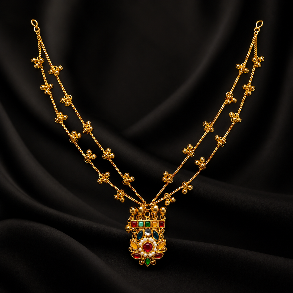 A gold-plated double-strand necklace with a detailed floral pendant, set against a draped black fabric background. The pendant features gold metalwork with red, green, and white enamel accents.