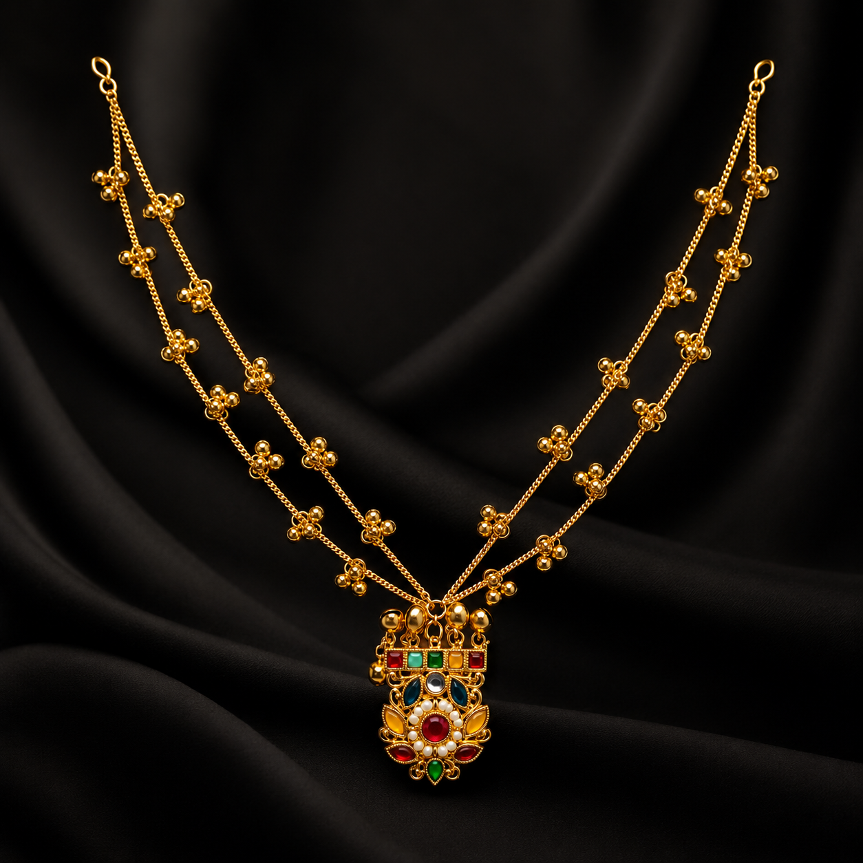 A gold-plated double-strand necklace with a detailed floral pendant, set against a draped black fabric background. The pendant features gold metalwork with red, green, and white enamel accents.