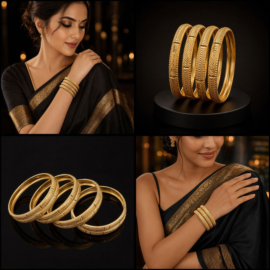 Four-panel collage showcasing gold-toned bangles. Two panels show a woman wearing the bangles on her wrist, and two panels show the bangles alone on a black background, one set on a round display stand.