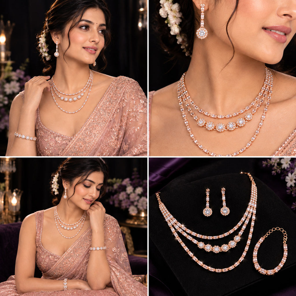 A four-panel collage showcasing a women's Indian ethnic jewelry set. The set includes a multi-layered necklace, matching earrings, and a bracelet, all in a rose gold-plated setting with clear stones.