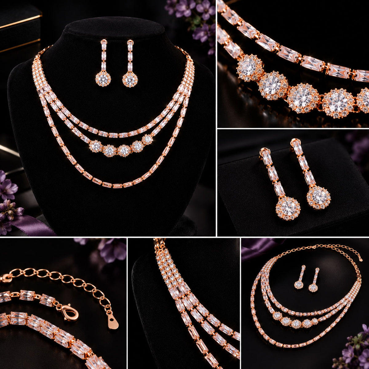 Rose gold jewelry set displayed in a collage, including a three-layer necklace on a black bust, matching drop earrings, bracelets, and close-up views of the chain and stone details against a dark background with small purple floral accents.