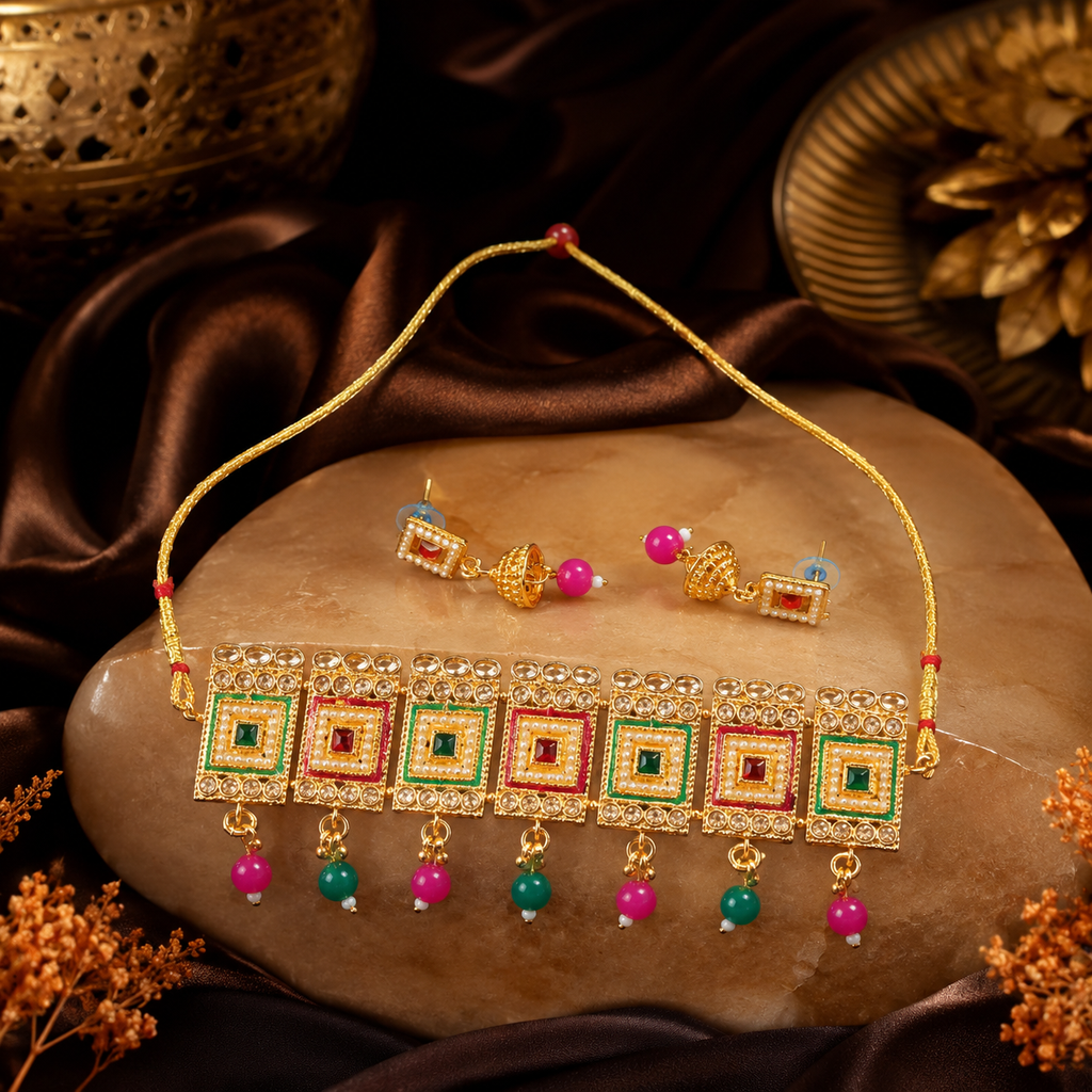 Traditional Gold-Plated Kundan Choker Necklace Set