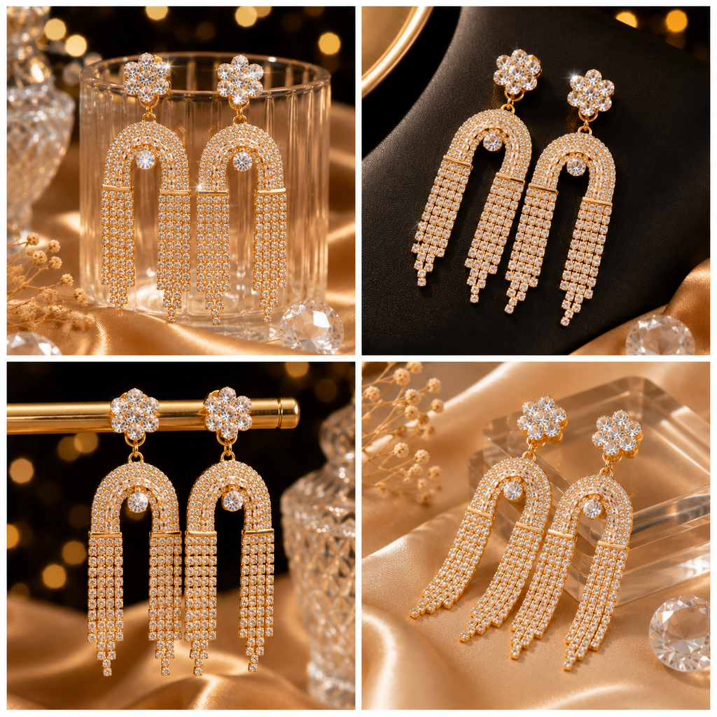 Crystal Tassel Drop Golden Earrings