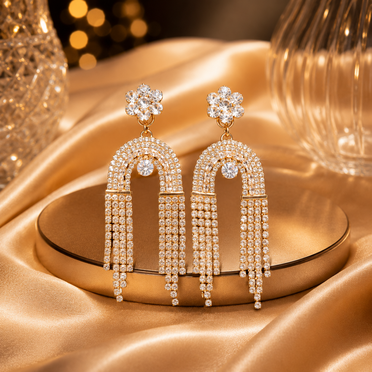 Crystal Tassel Drop Golden Earrings