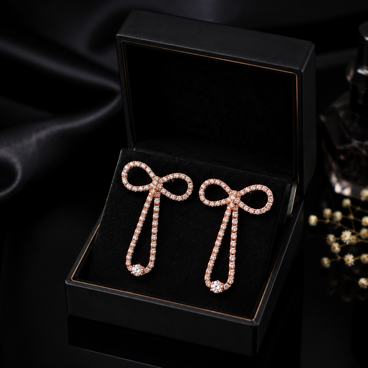 Luxury Rose Gold Diamond Bow Drop Earrings